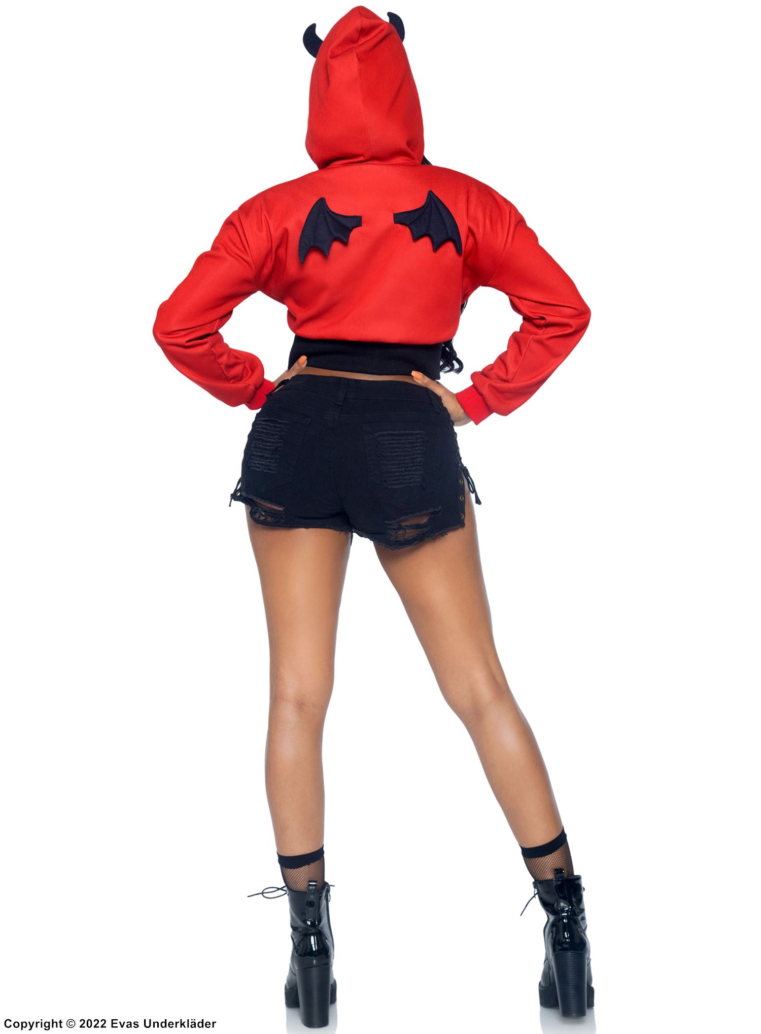 Female devil, costume top, lacing, long sleeves, hood, wings, ears